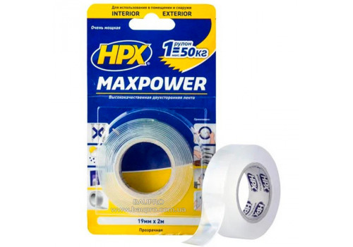 Стрічка HPX MAXPOWER двостороння прозора, 19 мм*2 м, (блістер)